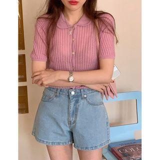 Short-sleeve Collared Button-up Knit Top Pink - One Size
