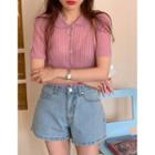 Short-sleeve Collared Button-up Knit Top Pink - One Size