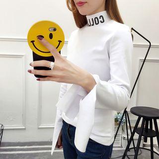 Lettering Slit Long-sleeve Mock-neck T-shirt