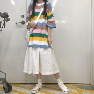 Striped Elbow-sleeve T-shirt / Midi A-line Skirt