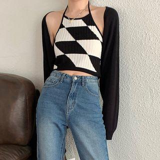 Set: Halter Jacquard Knit Camisole Top + Cardigan