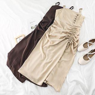Spaghetti Strap Asymmetric Drawstring Chiffon Midi Dress