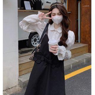 Spaghetti-strap Flower Accent Midi A-line Dress / Puff-sleeve Blouse