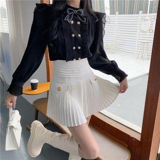 Ruffle Blouse / Bow Tie / Mini Pleated Skirt / Set
