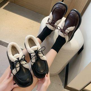 Fluffy Trim Block Heel Lace Up Shoes