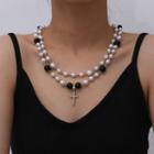 Rhinestone Cross Pendant Faux Pearl Layered Necklace 0788ag - White Gold - One Size