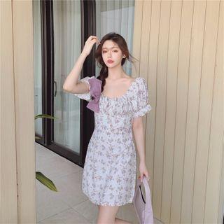 Floral Print Puff-sleeve Mini A-line Dress As Shown In Figure - One Size