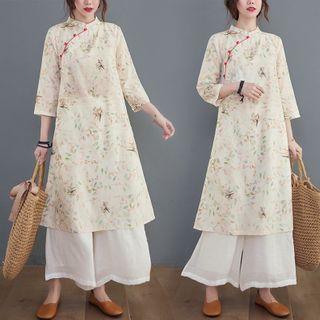 Mandarin Collar Floral Frog-button Midi A-line Dress