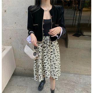 Single-breasted Jacket / Floral Print Spaghetti-strap Midi A-line Dress