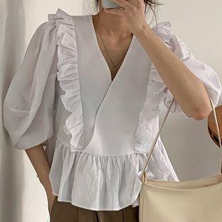 Balloon-sleeve Ruffle Peplum Blouse White - One Size