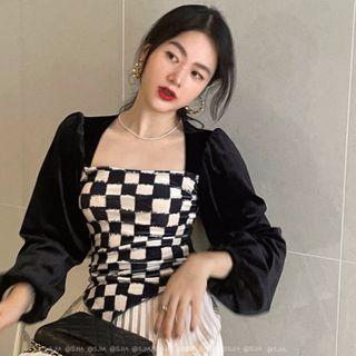 Long-sleeve Checkerboard Fitted Top