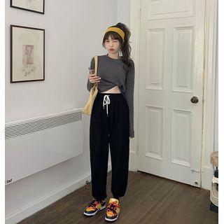 Crewneck Plain Long-sleeve Top / High Waist Pants
