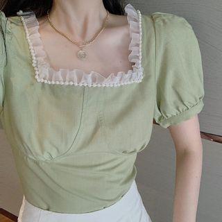 Puff-sleeve Faux Pearl Frill Trim Top
