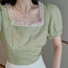 Puff-sleeve Faux Pearl Frill Trim Top