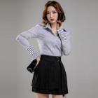Set: Long-sleeve Striped Shirt + A-line Mini Pleated Skirt