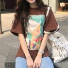 Cartoon Print Tie-back Short-sleeve T-shirt