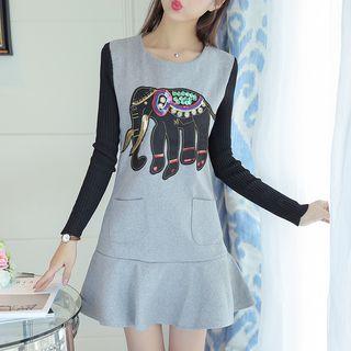 Print Long-sleeve Panel Mermaid Dress