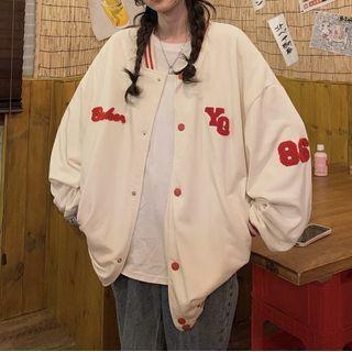 Oversized Letter Embroidered Long-sleeve Baseball Jacket