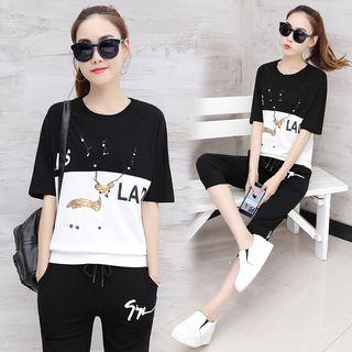Set: Sequined Elbow-sleeve T-shirt + Cropped Sports Pants