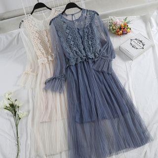 Set: Long-sleeve Crochet Lace Panel Midi A-line Mesh Dress + Slipdress