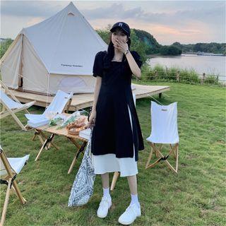 Puff-sleeve Midi A-line Layered Dress Black - One Size