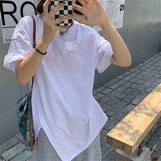 Elbow-sleeve Notch Hem Asymmetrical T-shirt