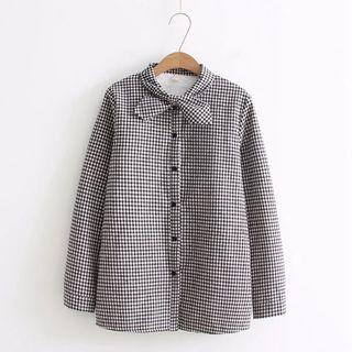 Fleece-lined Bow-accent Gingham Blouse
