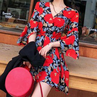 Flared-sleeve Floral Print Mini A-line Dress