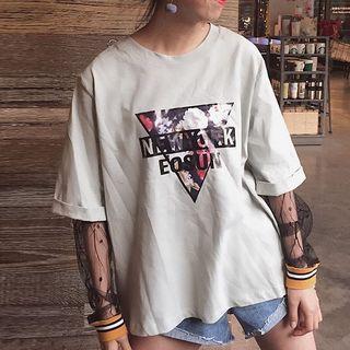 Print Lace Panel Mock Two-piece T-shirt