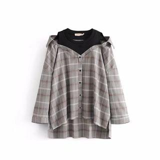 Mock Two Piece Long-sleeved Plaid Blouse
