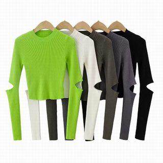Elbow-cutout Ribbed Knit Top