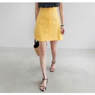Scallop-trim Buttoned Linen A-line Mini Skirt