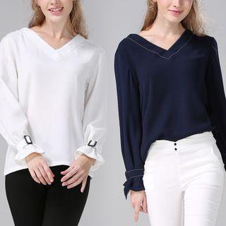 Buckled Long-sleeve V-neck Top