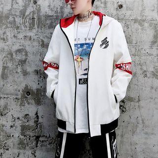 Color Block Skull Print Zip Hooded Jacket