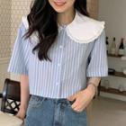 Elbow-sleeve Collar Striped Blouse