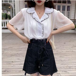 Short-sleeve Chiffon Top / Fray Hem Denim Shorts