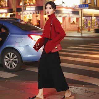 Set: Turtleneck Cropped Sweater + Plain Midi A-line Skirt