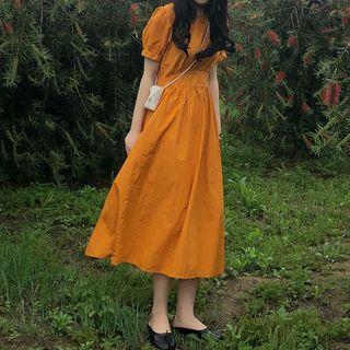 Short-sleeve Plain Midi Dress Red - One Size