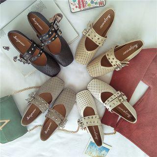Studded Square-toe Buckled Flats
