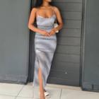 Spaghetti Strap Check Print Slit Midi Dress