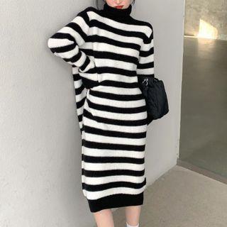 Turtleneck Striped Knit Midi Shift Dress