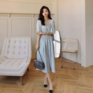 Elbow-sleeve Drawstring Midi A-line Dress Dirty White - One Size