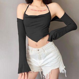 Set: Halter Camisole Top + Long-sleeve Crop Top