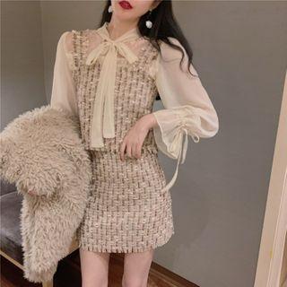 Fringe Plaid Skirt + Long-sleeve Chiffon Top