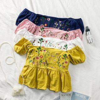 Boatneck Flower-embroidered Crop Top