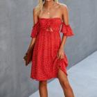 Off-shoulder Dotted Drawstring A-line Dress