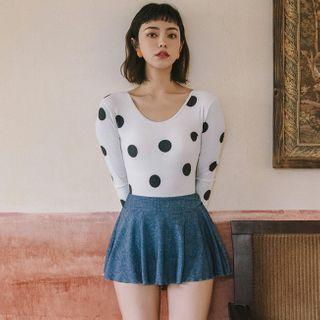 Set: 3/4-sleeve Dotted Swimsuit + Swim Skirt