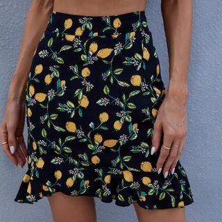 Flower Print Ruffle Hem A-line Skirt