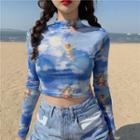 Long-sleeve Angel Print Crop T-shirt