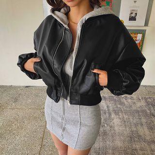 Balloon-sleeve Cropped Zip-up Pleather Jacket Black - One Size